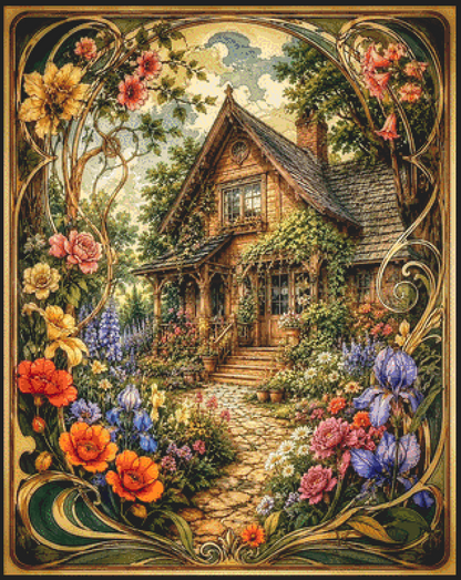 "A Cottage in Bloom" cross stitch pattern by T. Langan