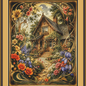 "A Cottage in Bloom" cross stitch pattern by T. Langan