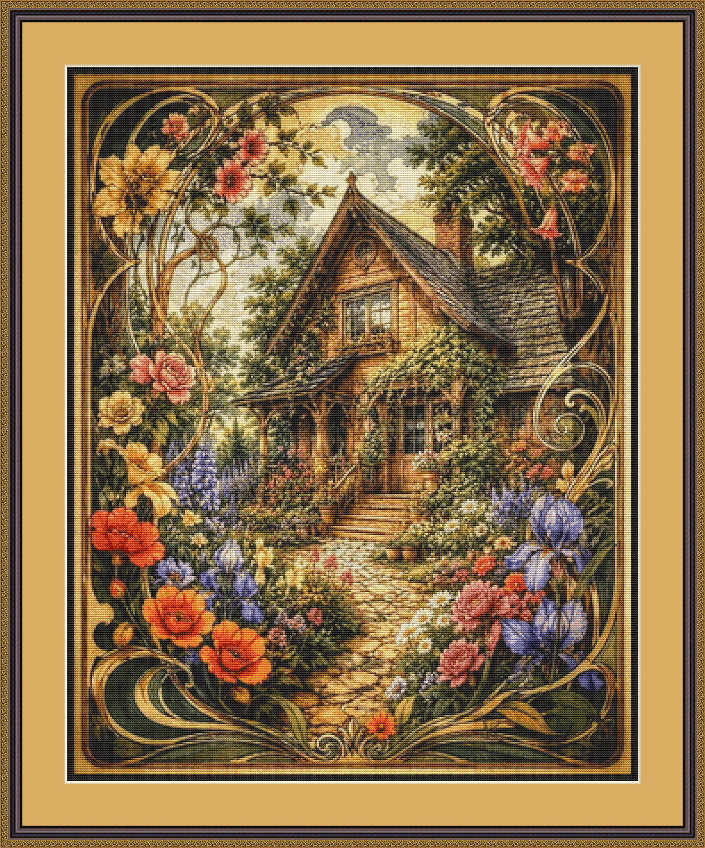 "A Cottage in Bloom" cross stitch pattern by T. Langan