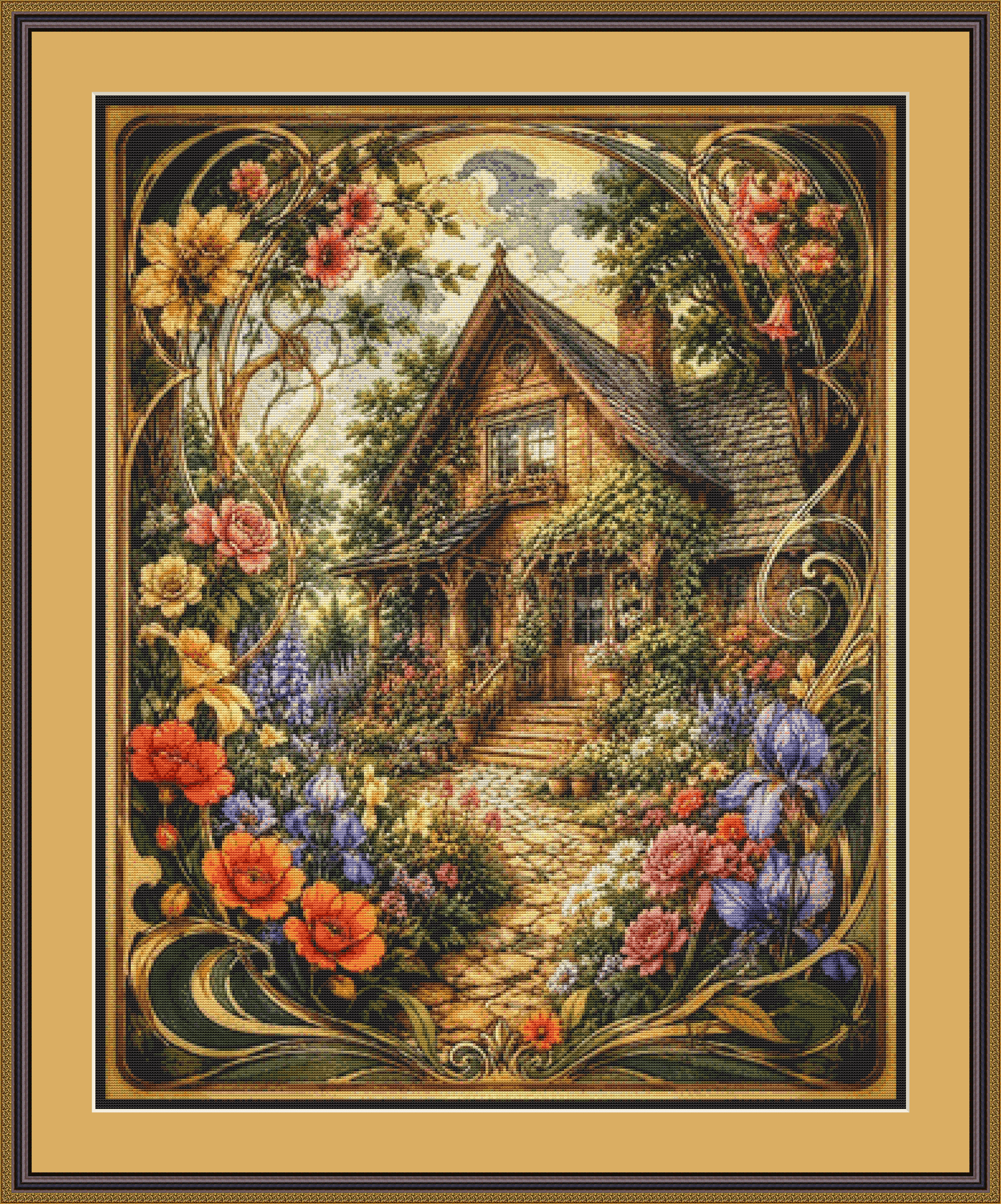 "A Cottage in Bloom" cross stitch pattern by T. Langan