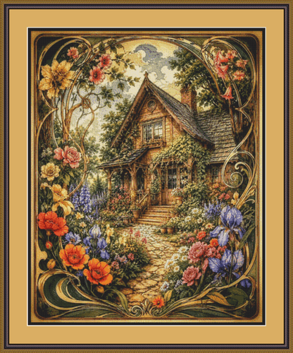 "A Cottage in Bloom" cross stitch pattern by T. Langan