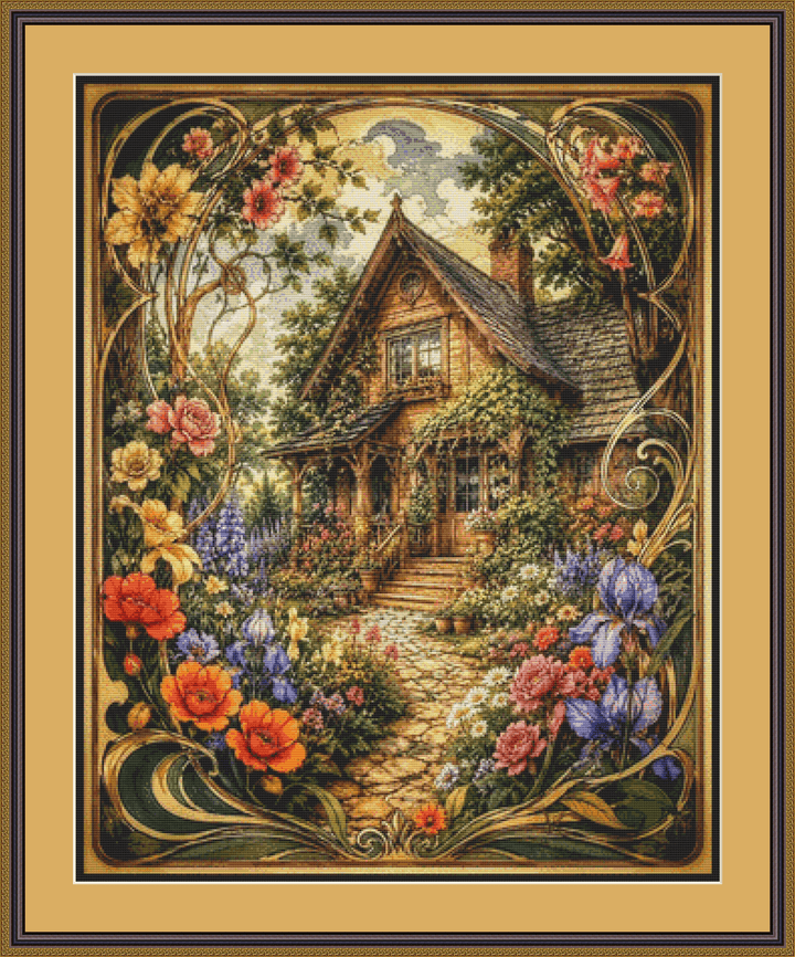 "A Cottage in Bloom" cross stitch pattern by T. Langan
