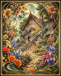 "A Cottage in Bloom" cross stitch pattern by T. Langan