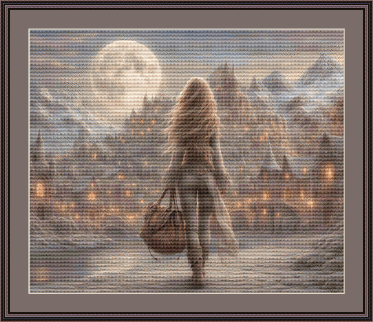"A Moonlit Winter's Journey" cross stitch pattern by Queen Bee Designs
