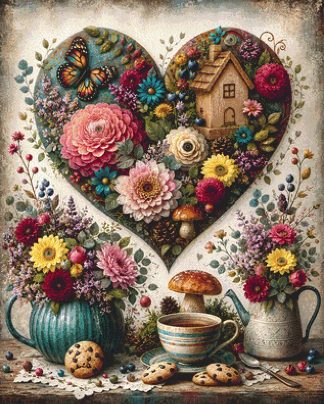 "A Cup of Cottage Magic" cross stitch pattern by World of Love Hearts