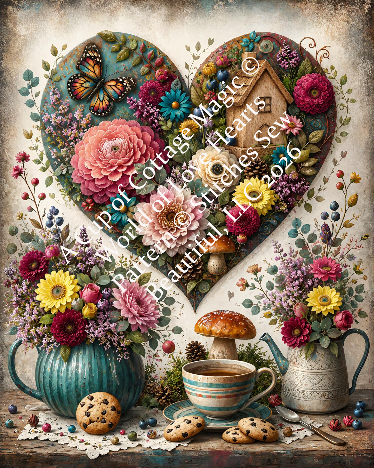 "A Cup of Cottage Magic" cross stitch pattern by World of Love Hearts