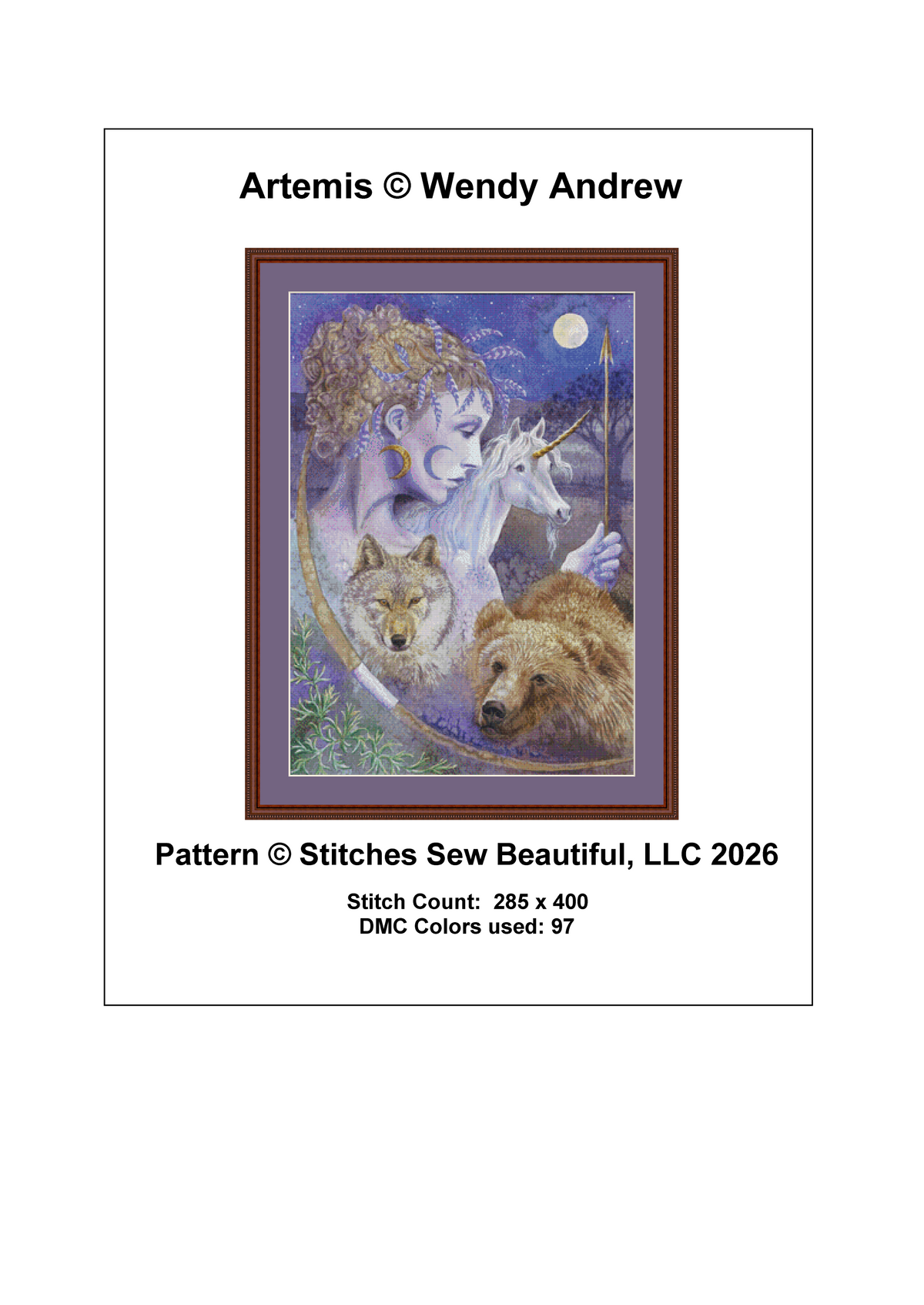 "Artemis" cross stitch pattern by Wendy Andrew/Painting Dreams