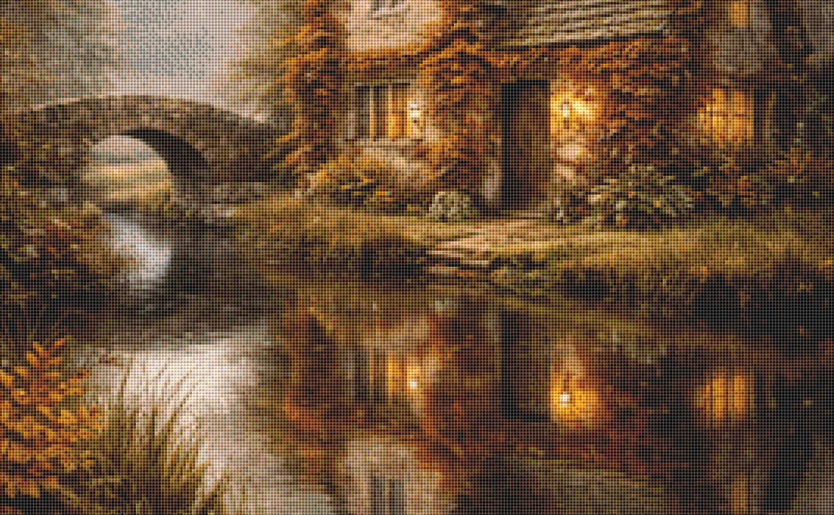 "Autumn Morning in The Cotswalds" cross stitch pattern by Ian's AI Art
