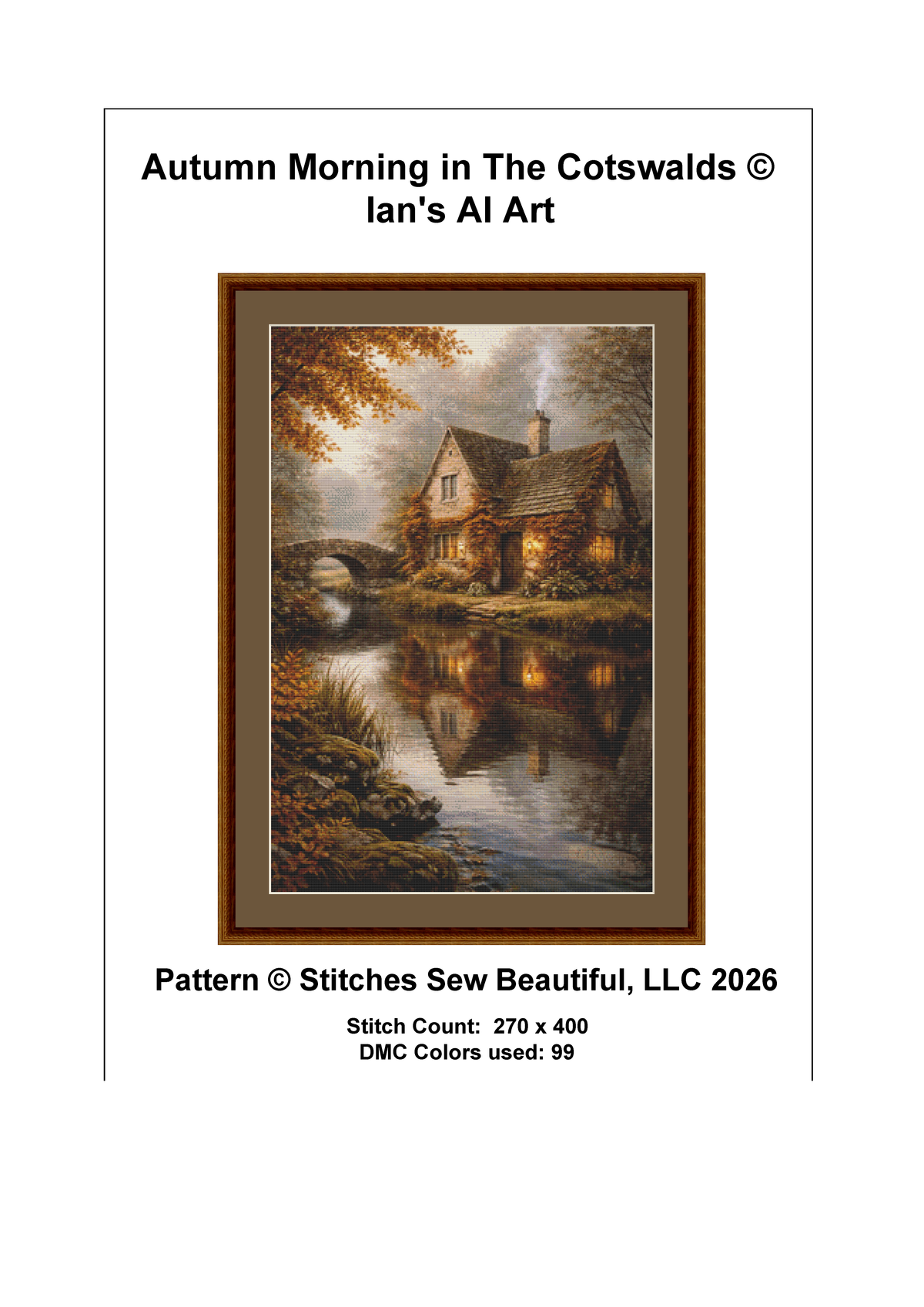 "Autumn Morning in The Cotswalds" cross stitch pattern by Ian's AI Art