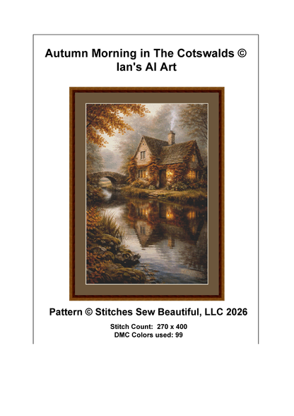 "Autumn Morning in The Cotswalds" cross stitch pattern by Ian's AI Art