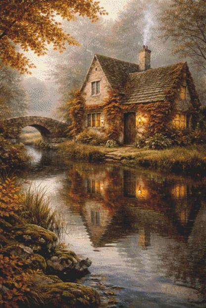 "Autumn Morning in The Cotswalds" cross stitch pattern by Ian's AI Art