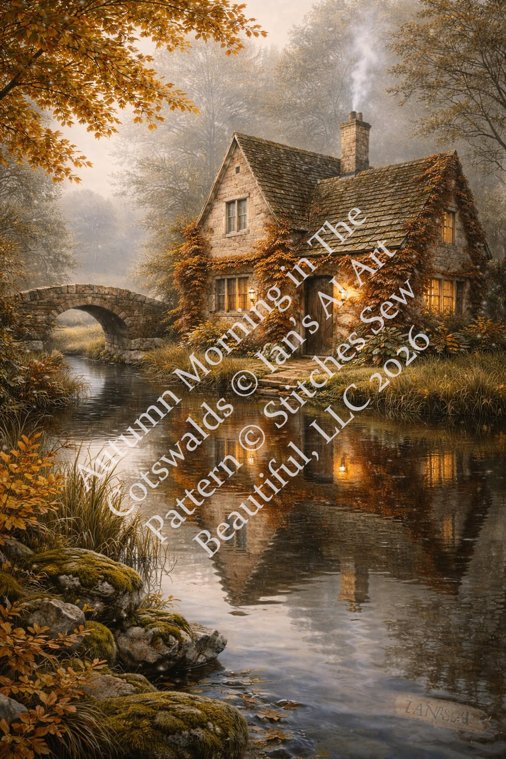 "Autumn Morning in The Cotswalds" cross stitch pattern by Ian's AI Art