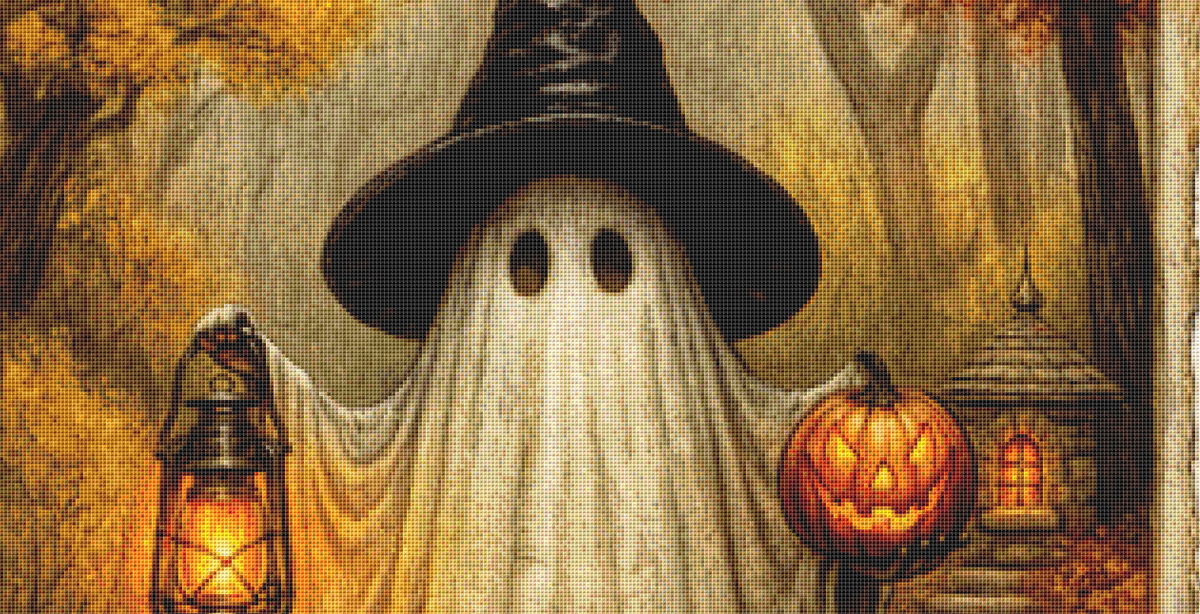 "Autumn's Little Haunt" cross stitch pattern by Queen Bee Designs