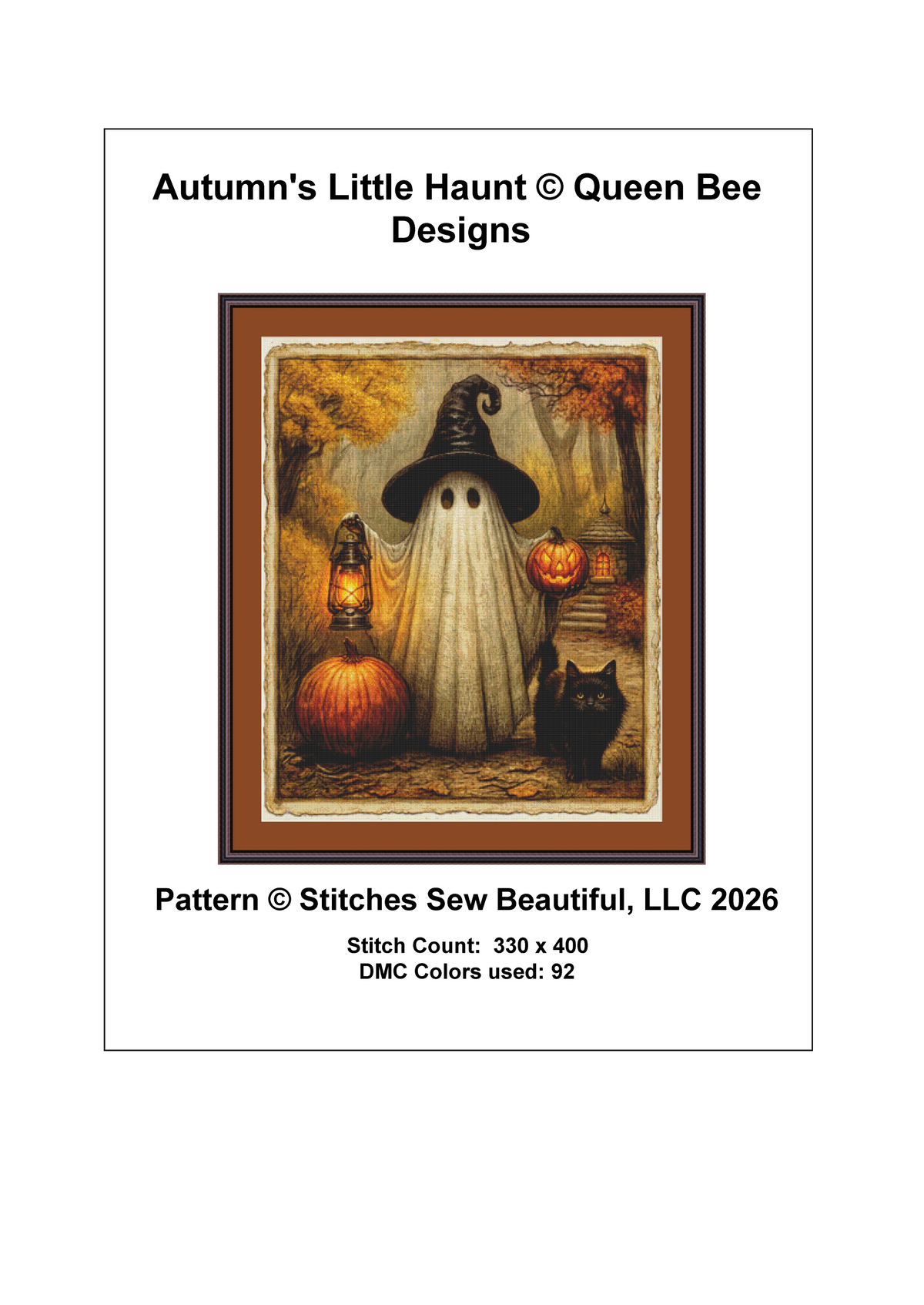 "Autumn's Little Haunt" cross stitch pattern by Queen Bee Designs
