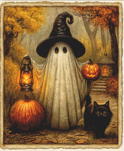 "Autumn's Little Haunt" cross stitch pattern by Queen Bee Designs