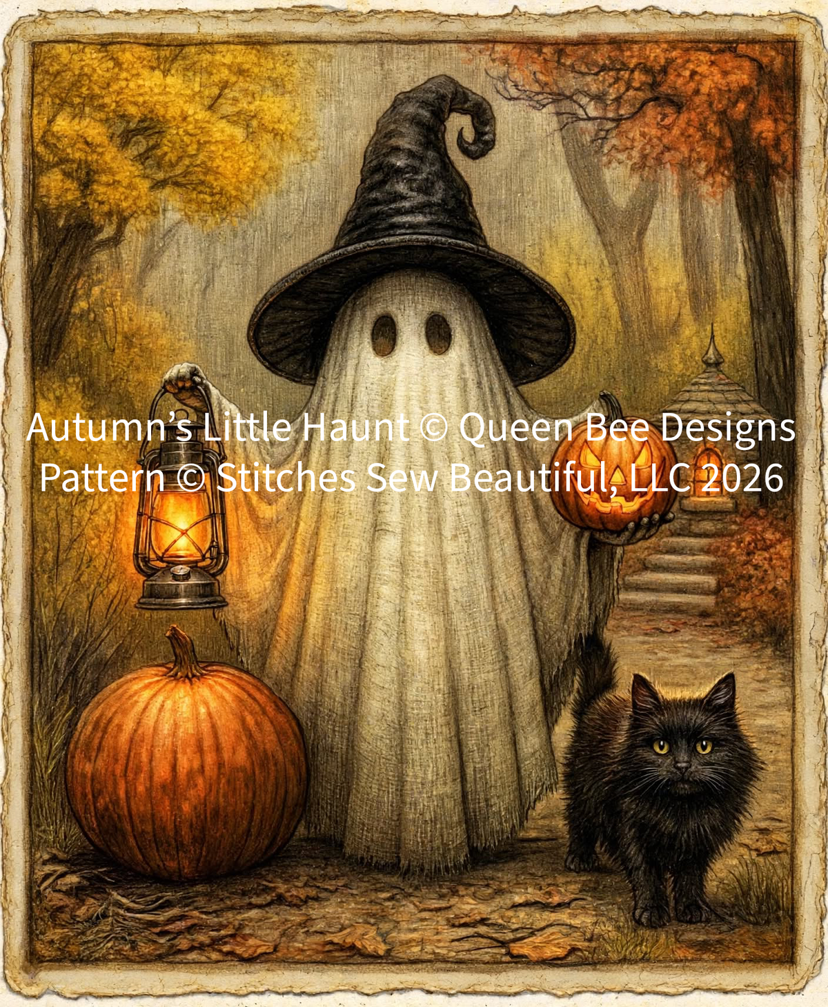 "Autumn's Little Haunt" cross stitch pattern by Queen Bee Designs