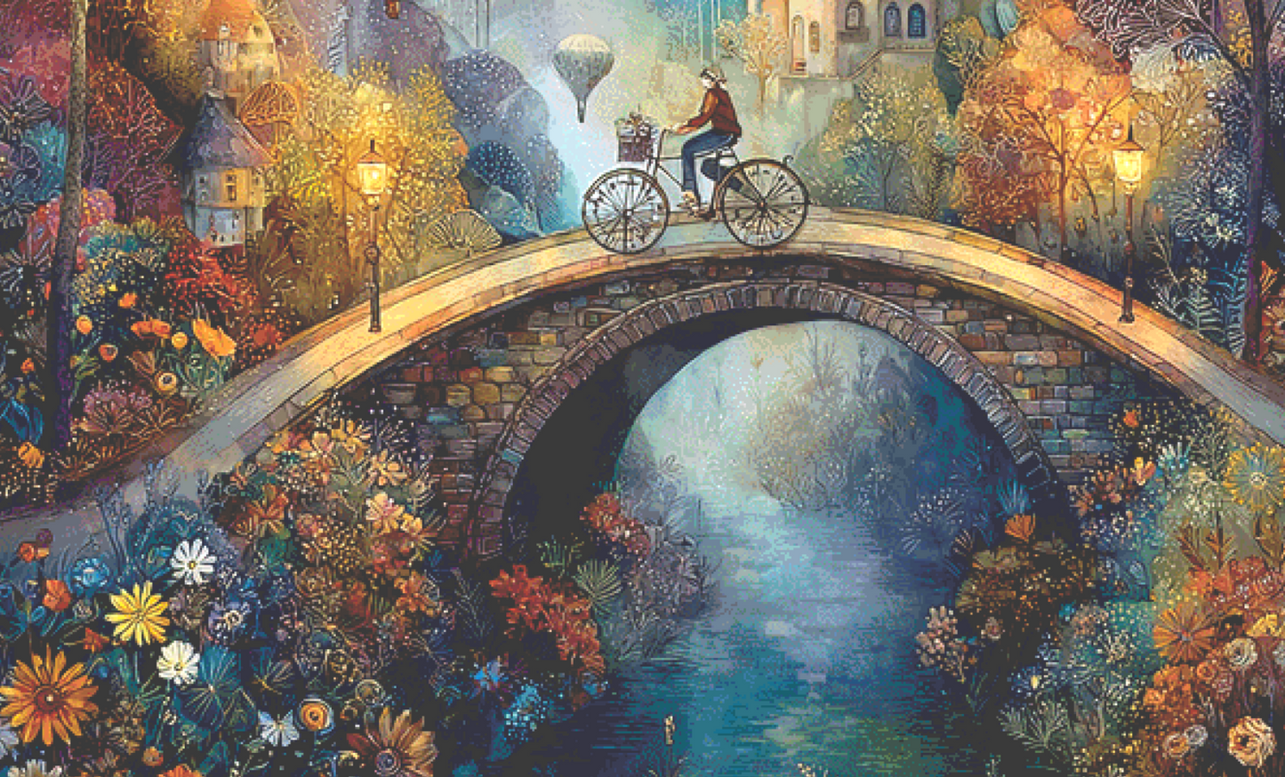 Biking Over a Bridge (MSMC) Cross Stitch Pattern By Bryna T. Art & Design