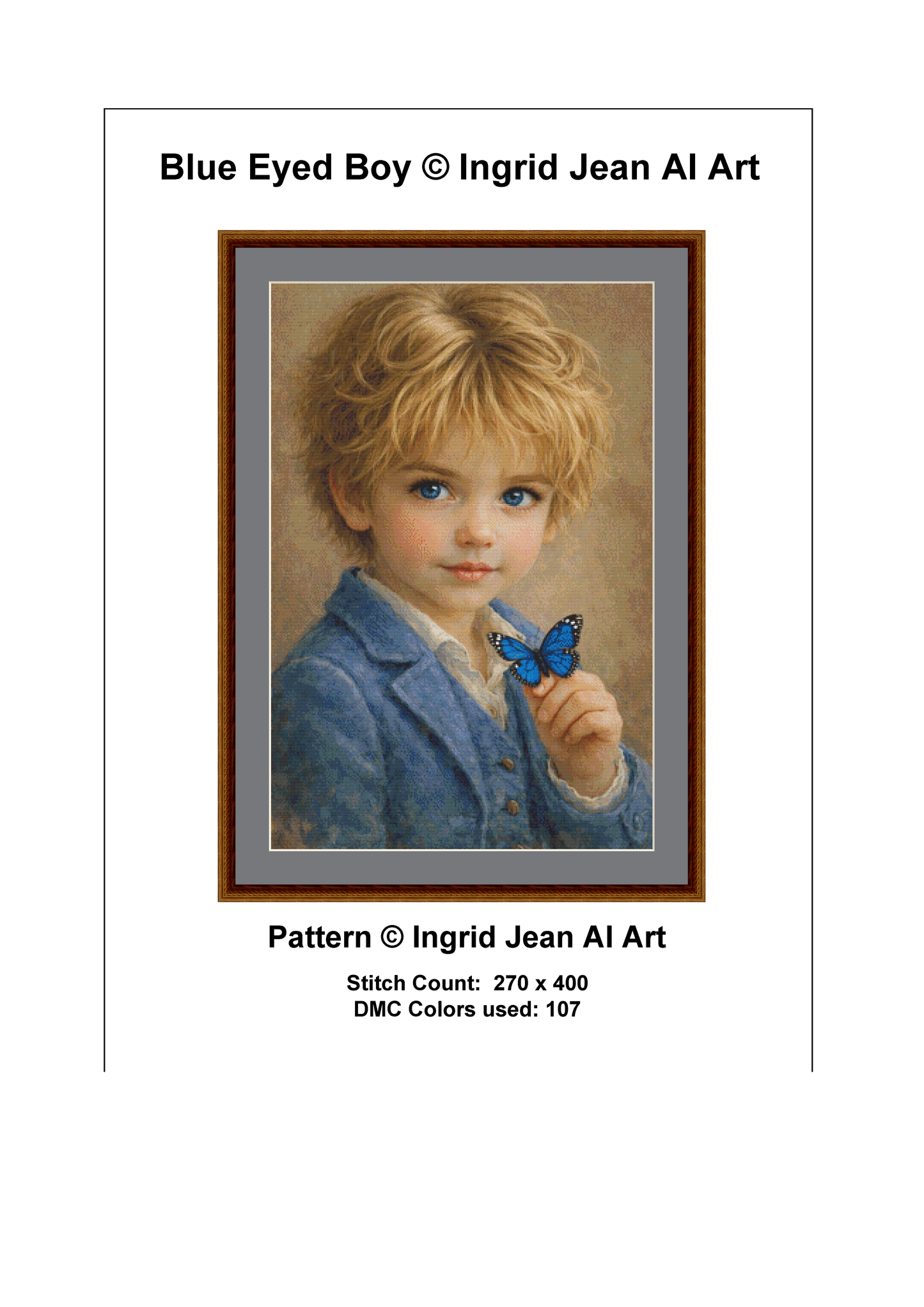 "Blue Eyed Boy" cross stitch pattern by Ingrid Jean AI Art
