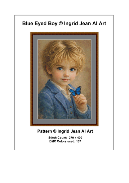 "Blue Eyed Boy" cross stitch pattern by Ingrid Jean AI Art