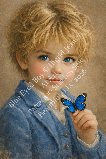 "Blue Eyed Boy" cross stitch pattern by Ingrid Jean AI Art
