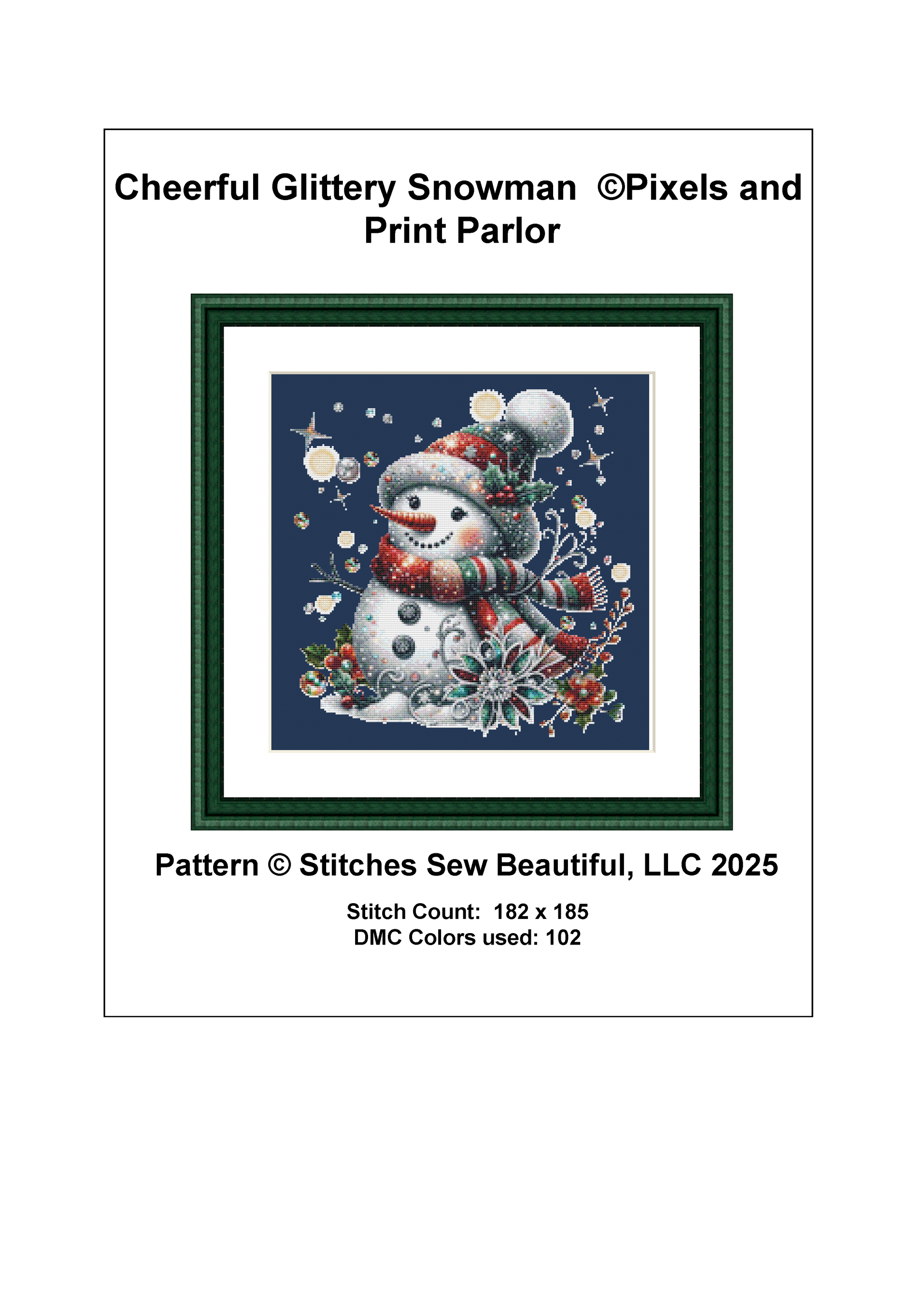 Cheerful Glittery Snowman (Ornament) counted cross stitch pattern by Pixels and Print Parlor