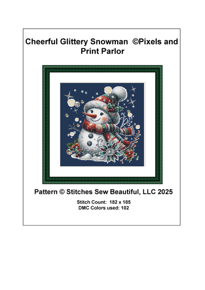 Cheerful Glittery Snowman (Ornament) counted cross stitch pattern by Pixels and Print Parlor