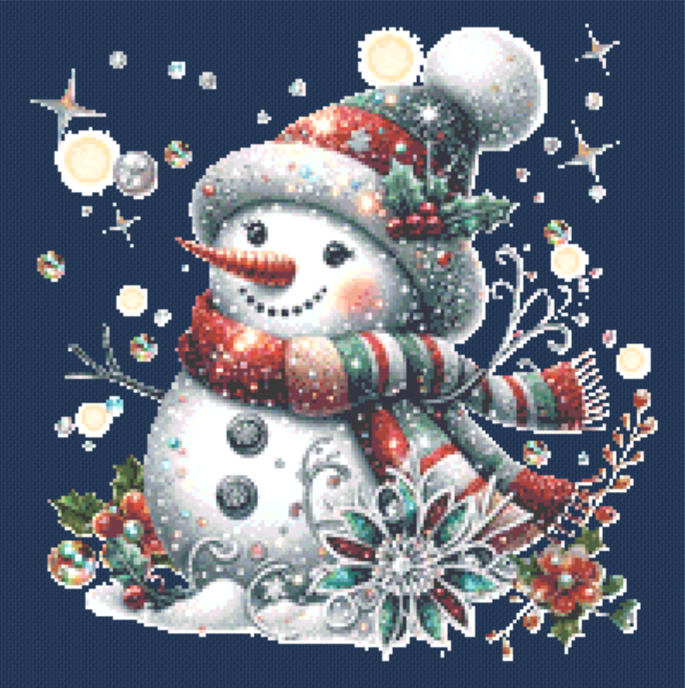 Cheerful Glittery Snowman (Ornament) counted cross stitch pattern by Pixels and Print Parlor