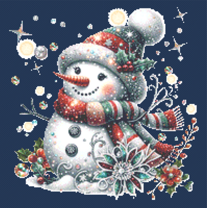 Cheerful Glittery Snowman (Ornament) counted cross stitch pattern by Pixels and Print Parlor