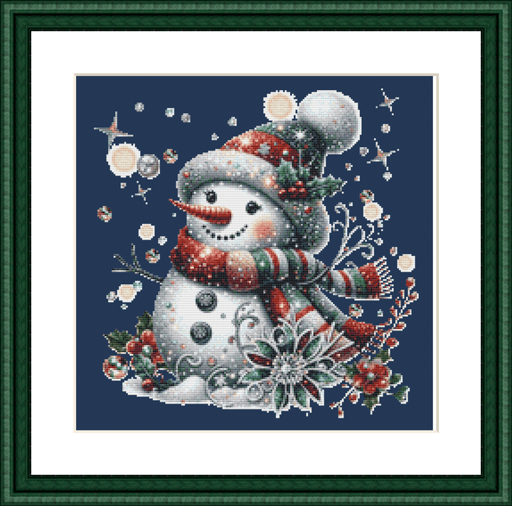 Cheerful Glittery Snowman (Ornament) counted cross stitch pattern by Pixels and Print Parlor