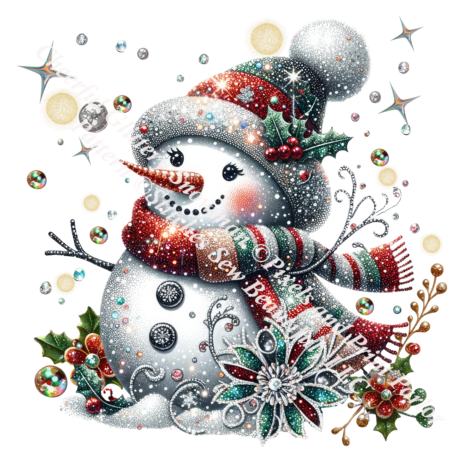 Cheerful Glittery Snowman (Ornament) counted cross stitch pattern by Pixels and Print Parlor