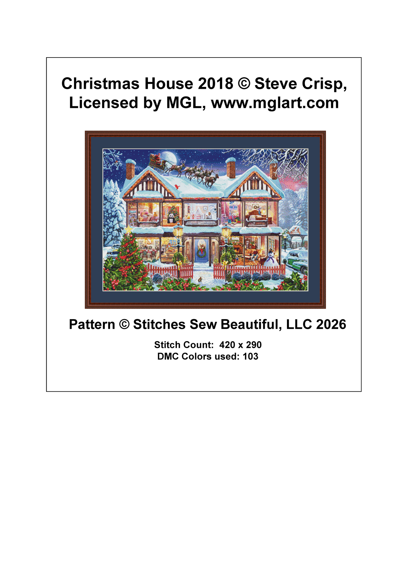 Christmas House 2018 cross stitch pattern by Steve Crisp, Licensed by MGL, www.mglart.com