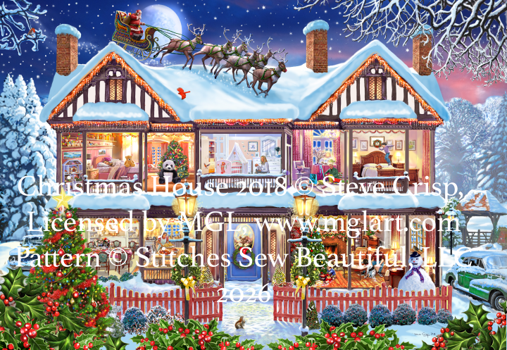 Christmas House 2018 cross stitch pattern by Steve Crisp, Licensed by MGL, www.mglart.com