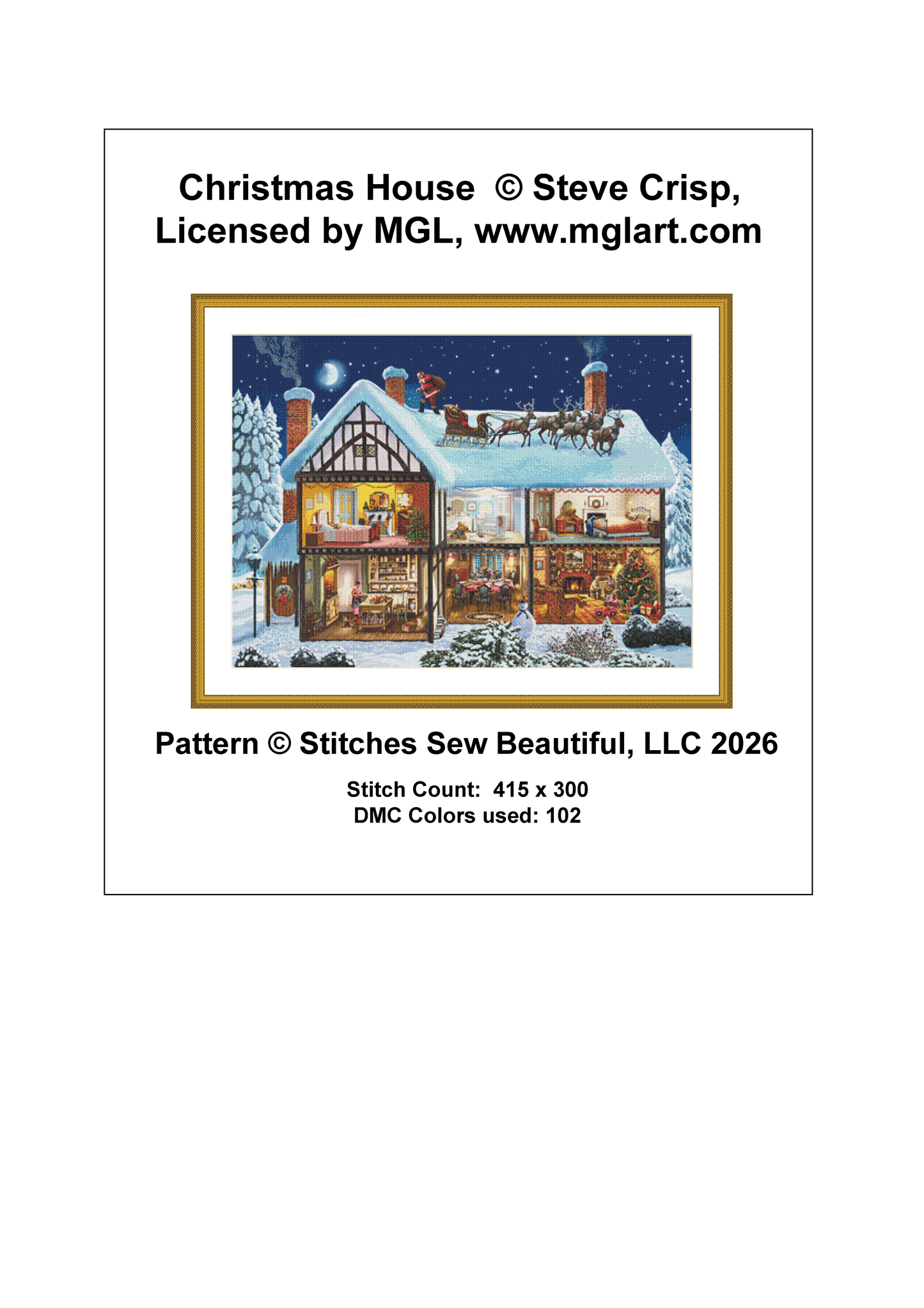 Christmas House cross stitch pattern by Steve Crisp, Licensed by MGL, www.mglart.com