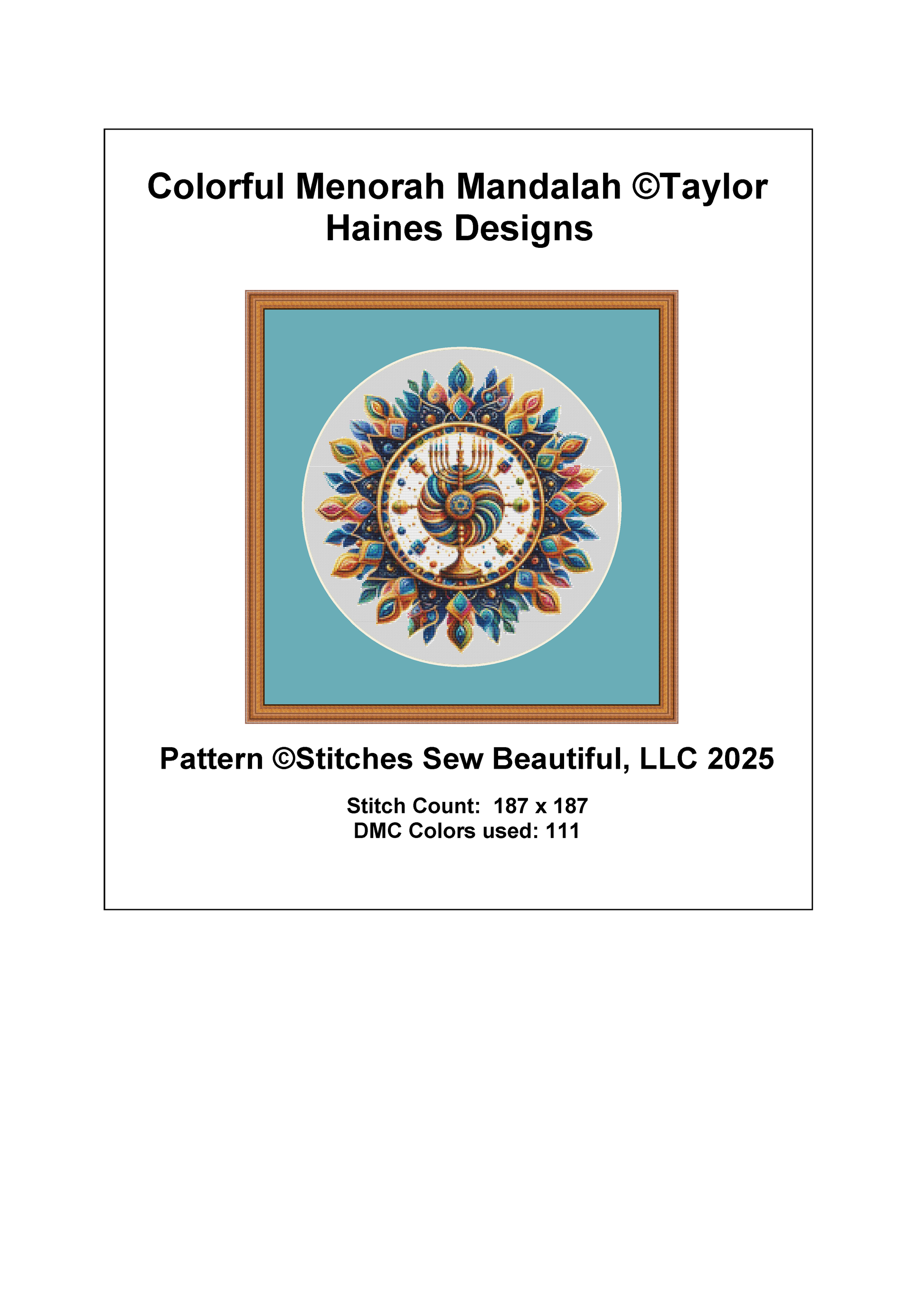 Colorful Menorah Mandalah counted cross stitch pattern by Taylor Haines Designs