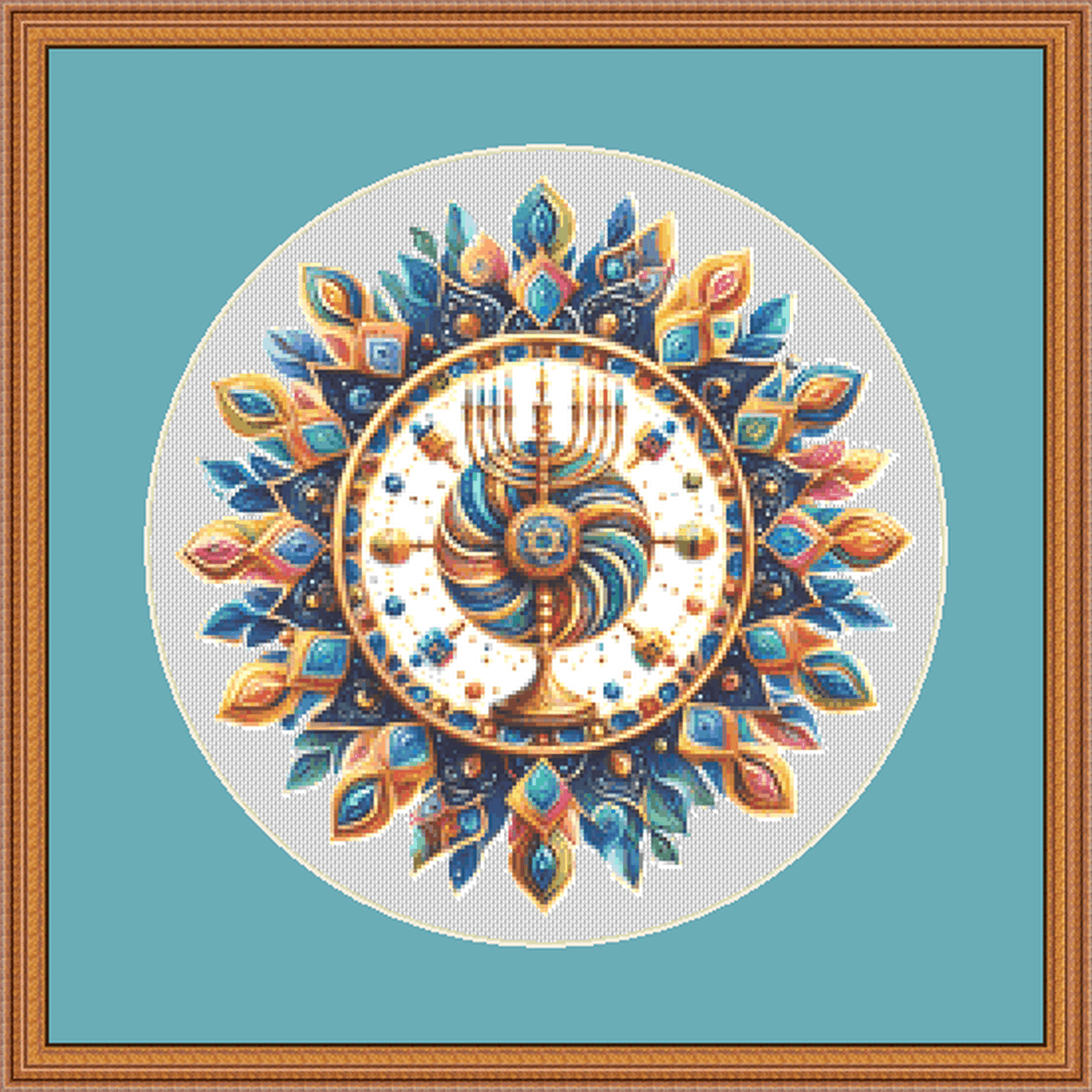 Colorful Menorah Mandalah counted cross stitch pattern by Taylor Haines Designs