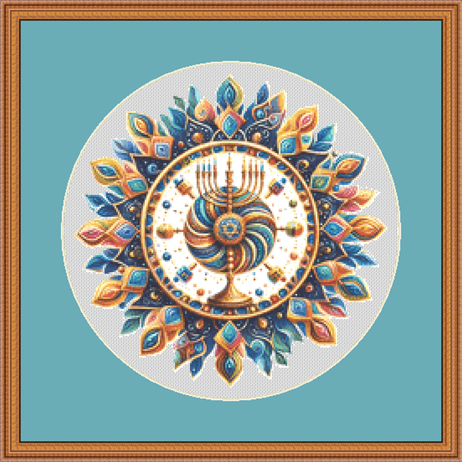 Colorful Menorah Mandalah counted cross stitch pattern by Taylor Haines Designs