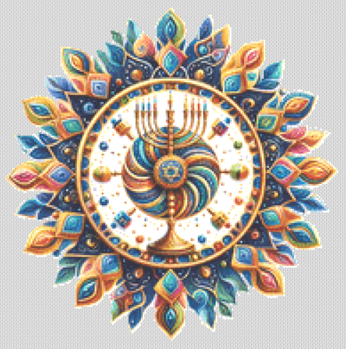 Colorful Menorah Mandalah counted cross stitch pattern by Taylor Haines Designs