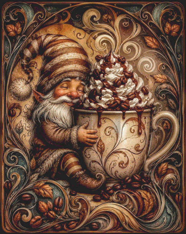 "Cozy Autumn Brew" cross stitch pattern by T. Langan