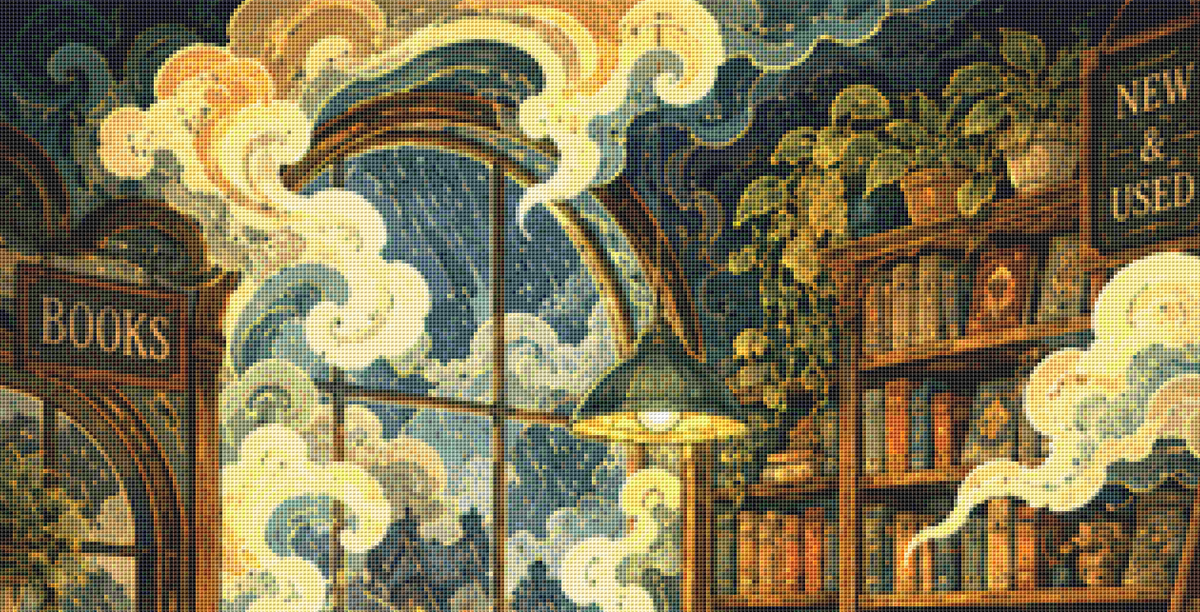 "Cozy Bookstore" cross stitch pattern by The Art Revivalist