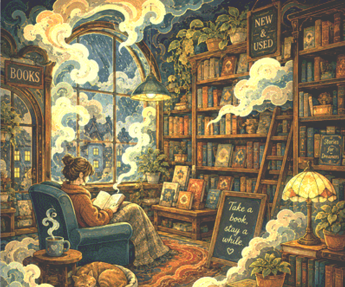 "Cozy Bookstore" cross stitch pattern by The Art Revivalist