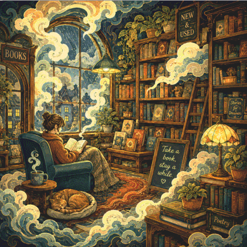 "Cozy Bookstore" cross stitch pattern by The Art Revivalist