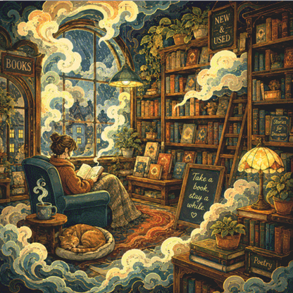 "Cozy Bookstore" cross stitch pattern by The Art Revivalist