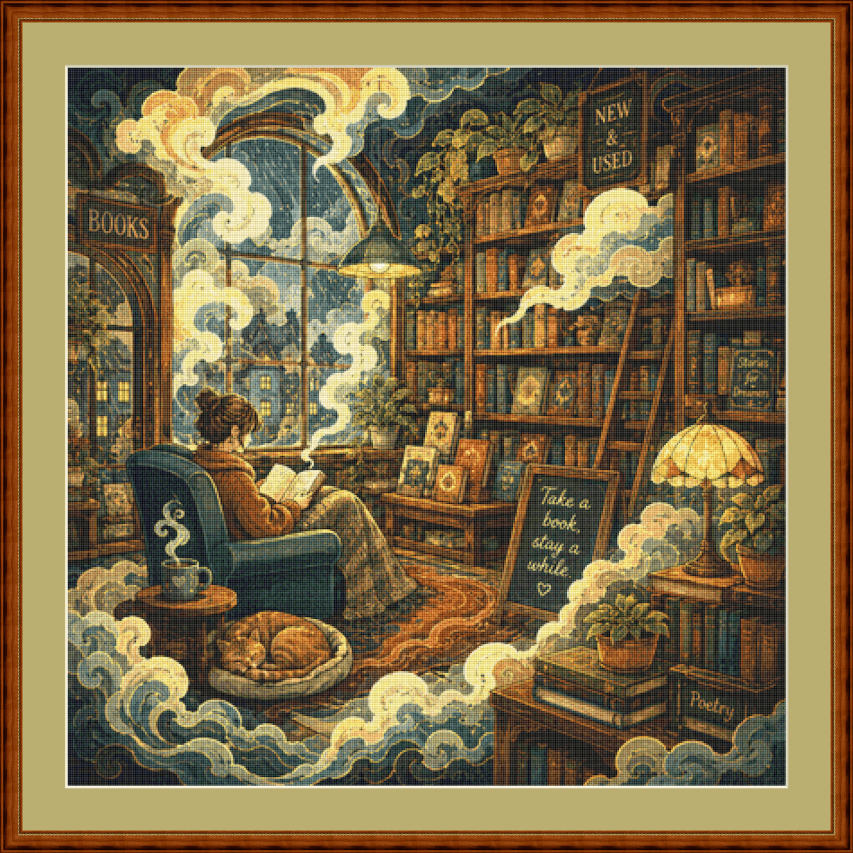 "Cozy Bookstore" cross stitch pattern by The Art Revivalist
