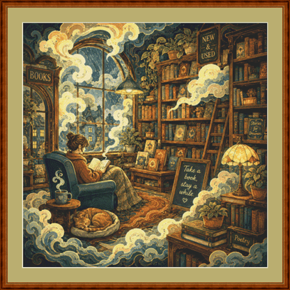 "Cozy Bookstore" cross stitch pattern by The Art Revivalist