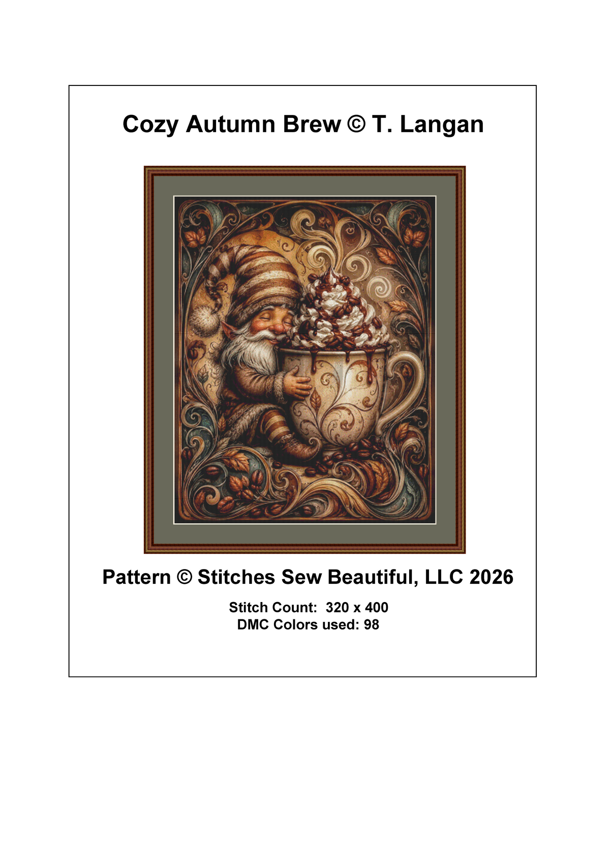"Cozy Autumn Brew" cross stitch pattern by T. Langan