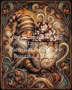 "Cozy Autumn Brew" cross stitch pattern by T. Langan