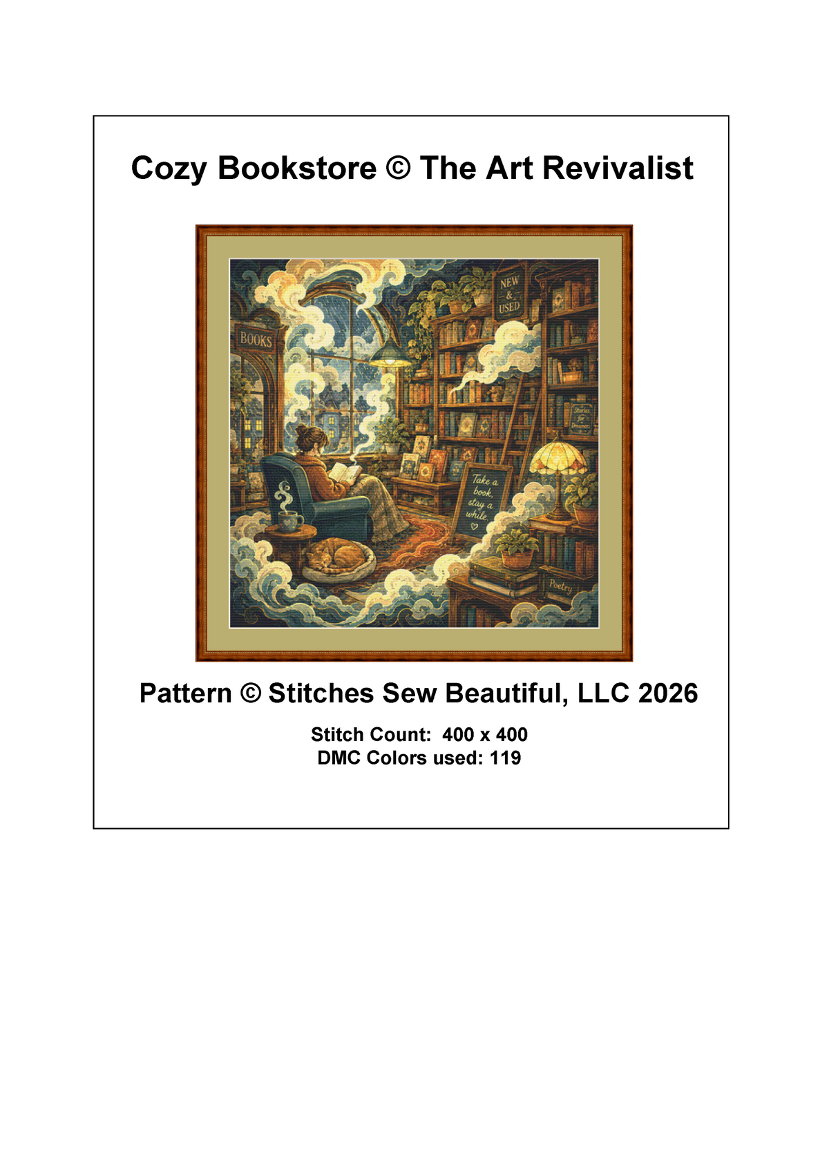"Cozy Bookstore" cross stitch pattern by The Art Revivalist