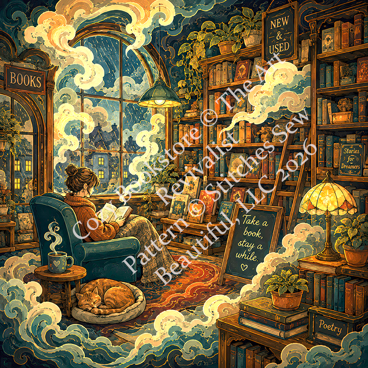"Cozy Bookstore" cross stitch pattern by The Art Revivalist