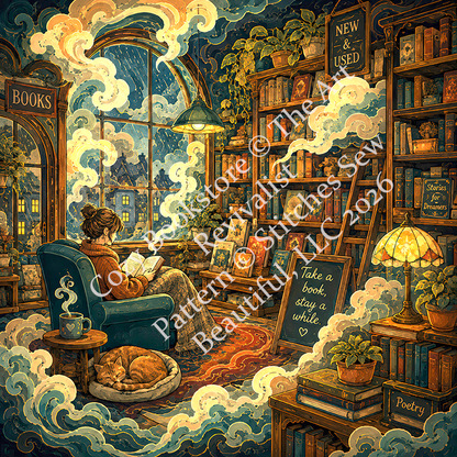 "Cozy Bookstore" cross stitch pattern by The Art Revivalist