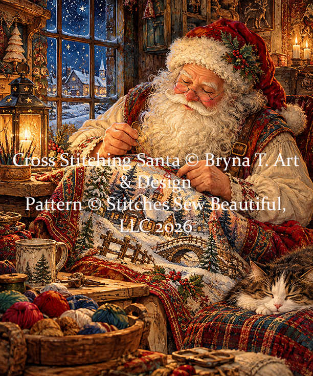 "Cross Stitching Santa" (Stocking) cross stitch pattern by Bryna T. Art & Design
